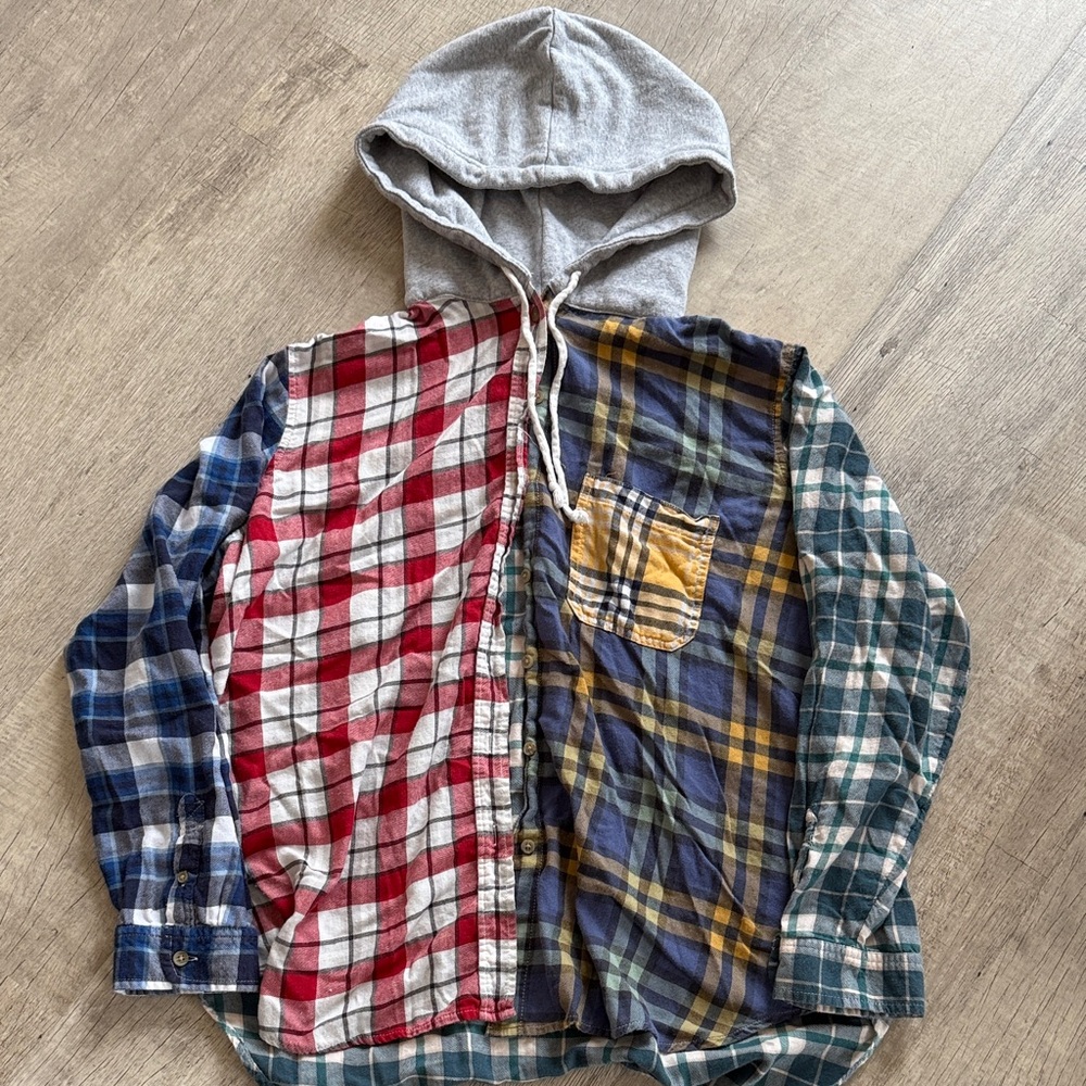 American Eagle Outfitters Patchwork Plaid Hoodie Shirt